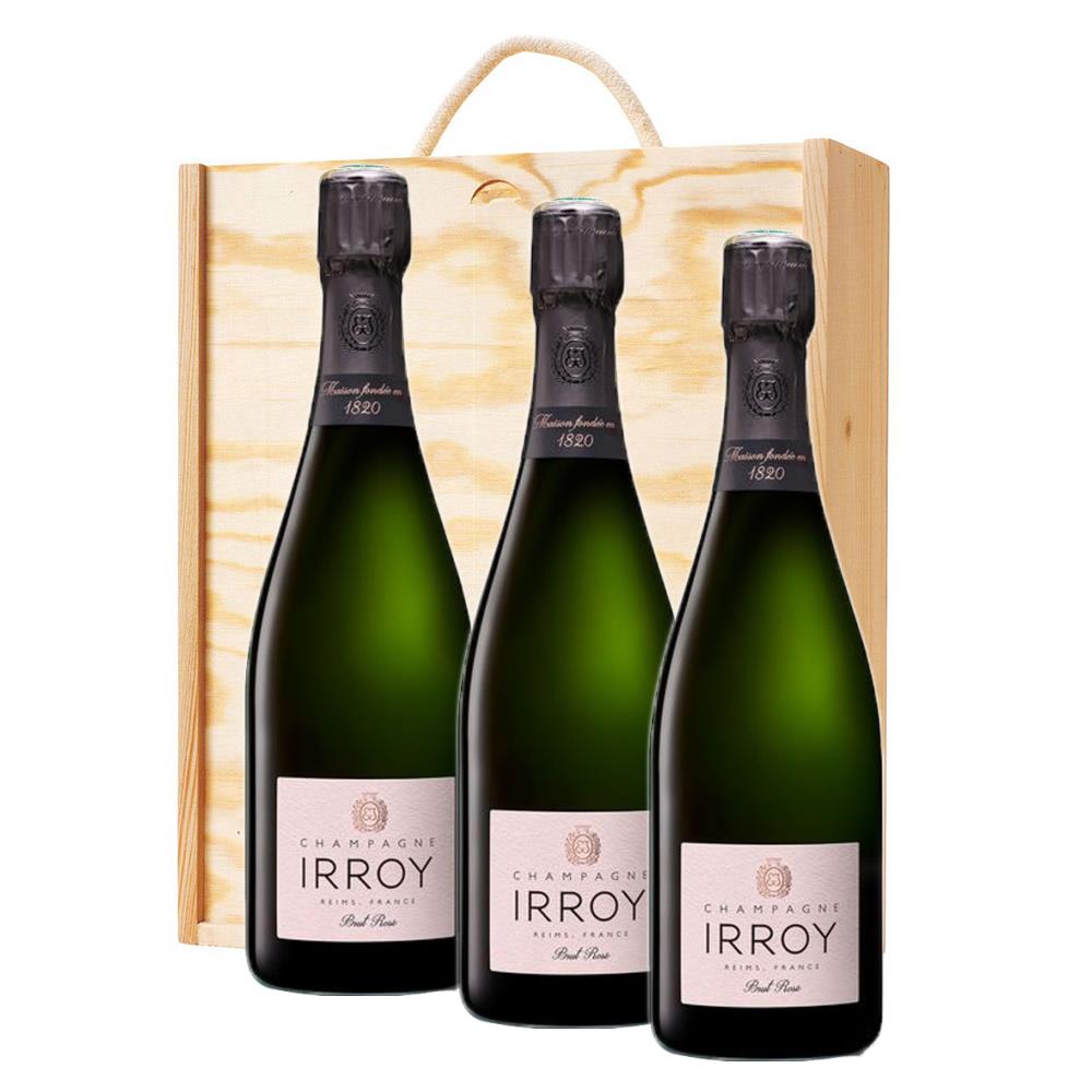 3 x Irroy Brut Rose Champagne 75cl In A Pine Wooden Gift Box